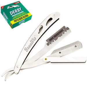 BeauWis Barber Straight Edge Razor with 100 Single Edge Derby Blades - Close Shaving Men's Manual Shaver Safety