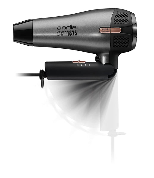 Andis Fold-N-Go 1875 Watt Ceramic Ionic Dryer, Retractable Cord, Black/Silver (80280)