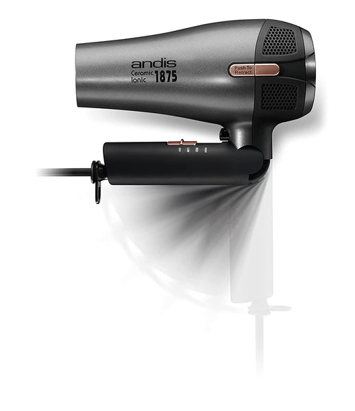 Andis Fold-N-Go 1875 Watt Ceramic Ionic Dryer, Retractable Cord, Black/Silver (80280)